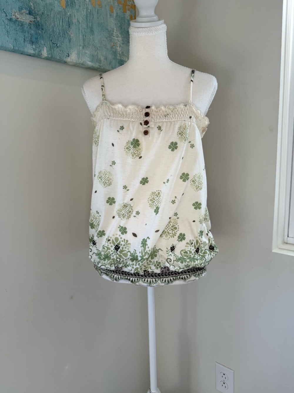 Y2K Boho Floral Smocked Cami Top Adjustable Spaghetti Strap Vintage Size Medium